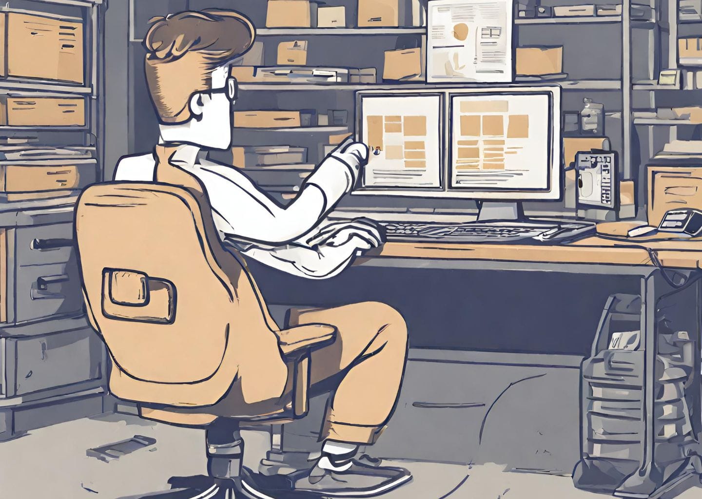 Sepia-toned illustration of man woking on a computer