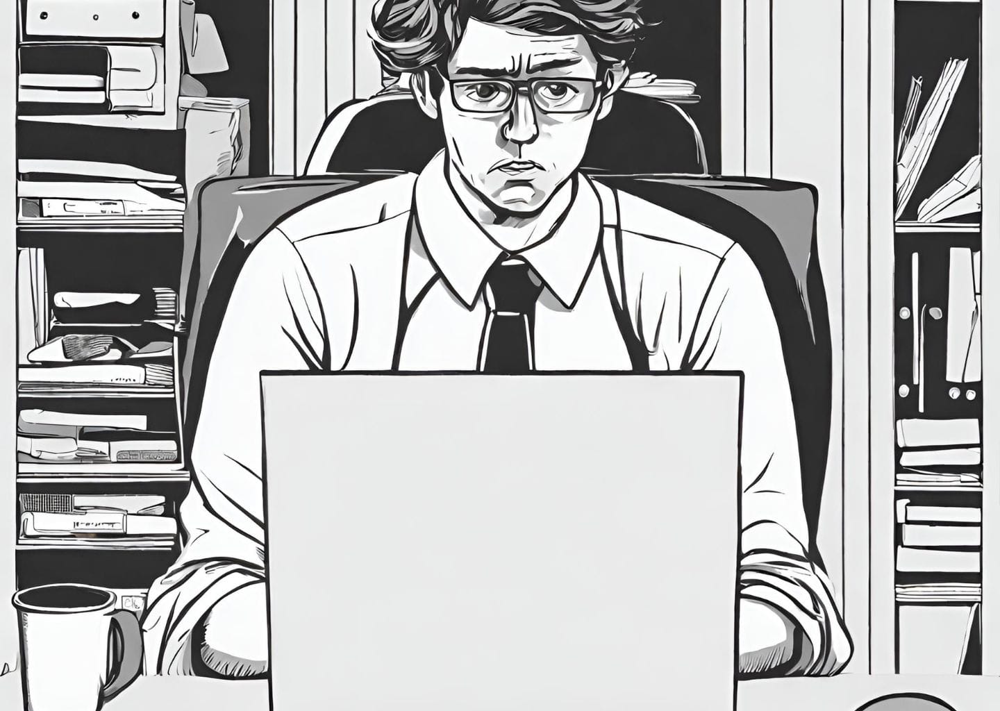 Black and white illustration of a serious person working on a computer 