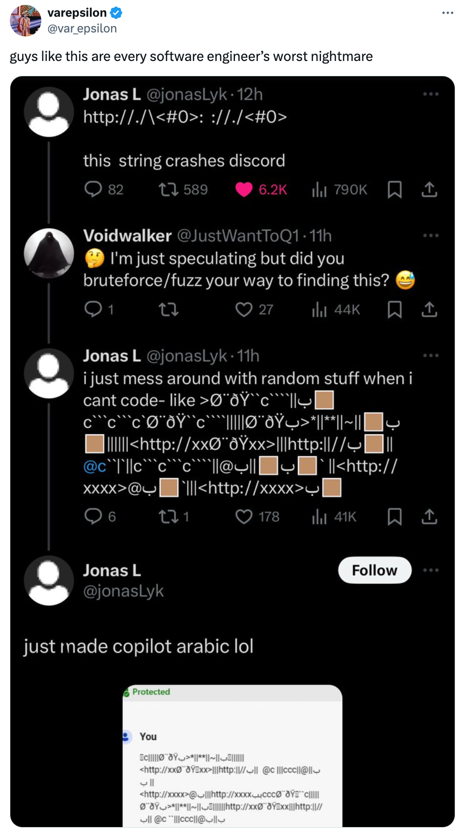 Screenshot of a Twitter thread discussing a very specific edge case on Discord