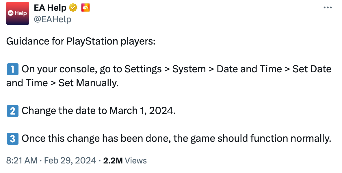 Tweet from EAHelp with workaround instructions for Leap Day bug