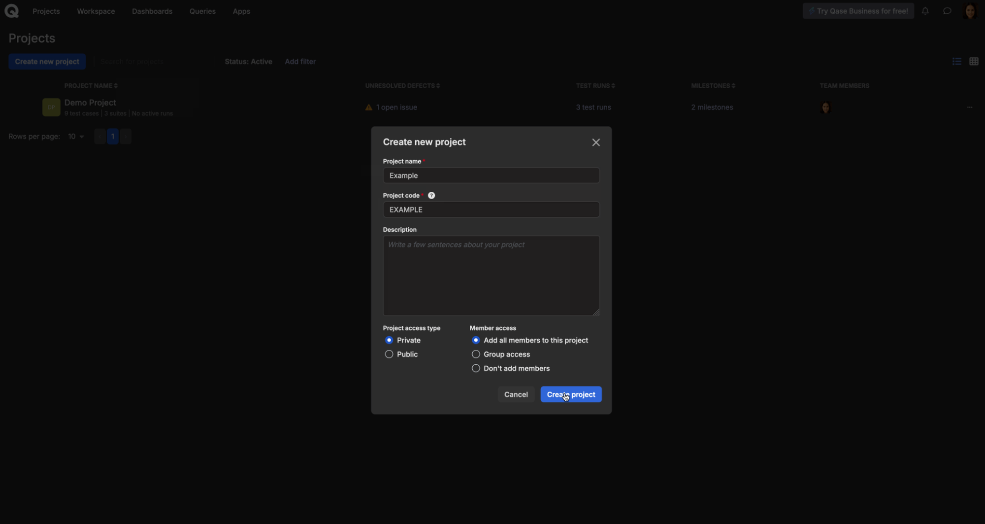 Screenshot showing the "create project" module in Qase, highlighting the Project Code field