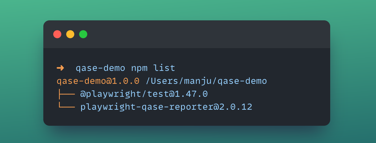 Screenshot of output text: Qase-demo npm list 