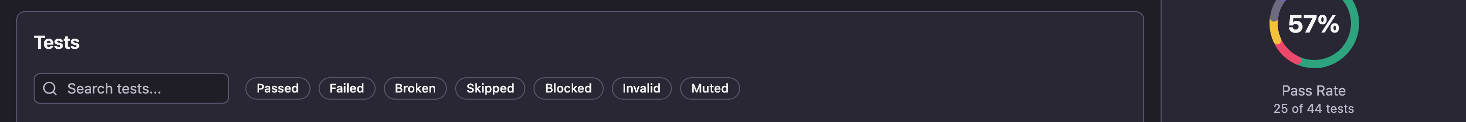 Status filters and search field above the test list