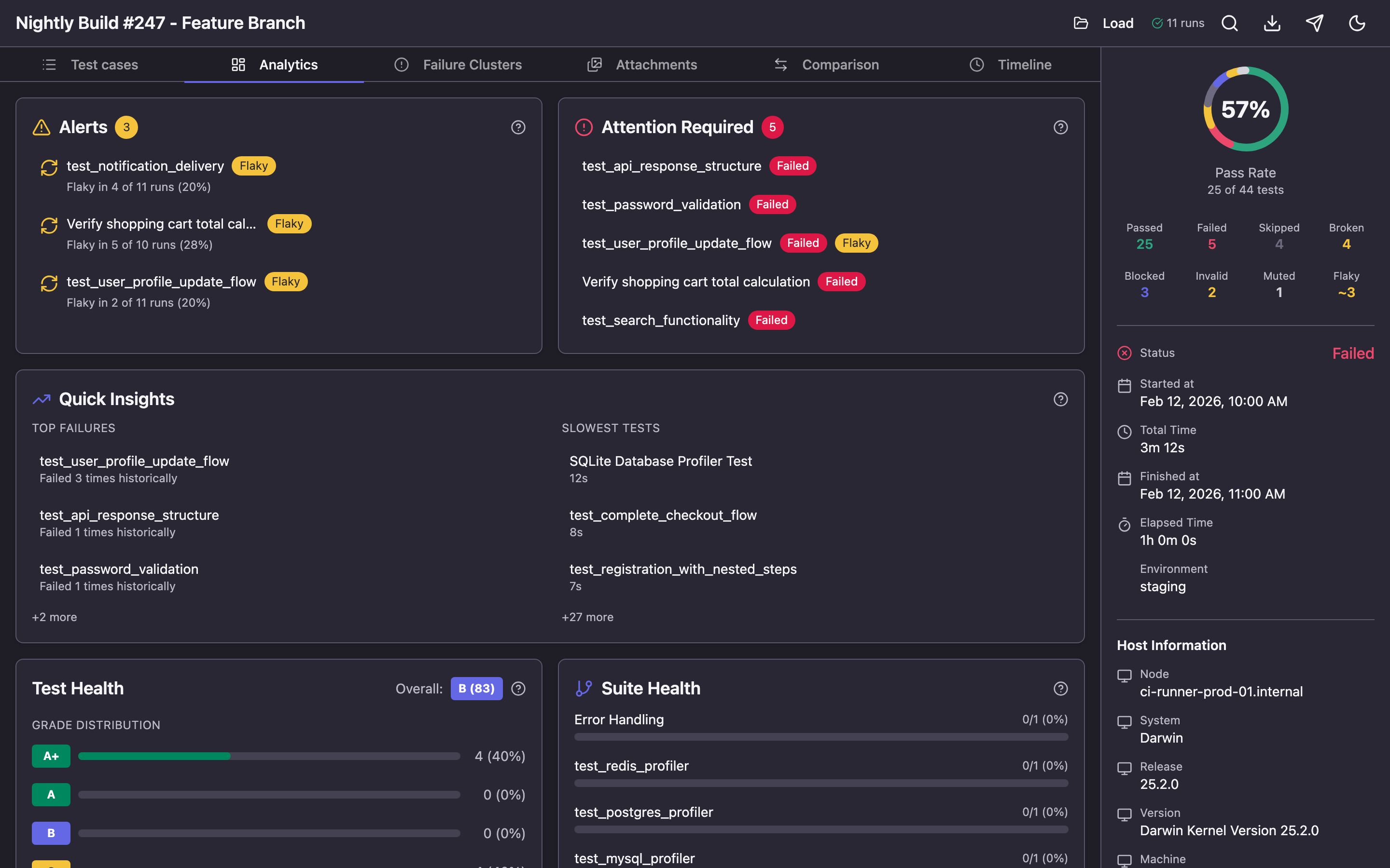 Analytics tab — dashboard with Alerts, Attention Required, Quick Insights, Test Health, and Suite Health widgets