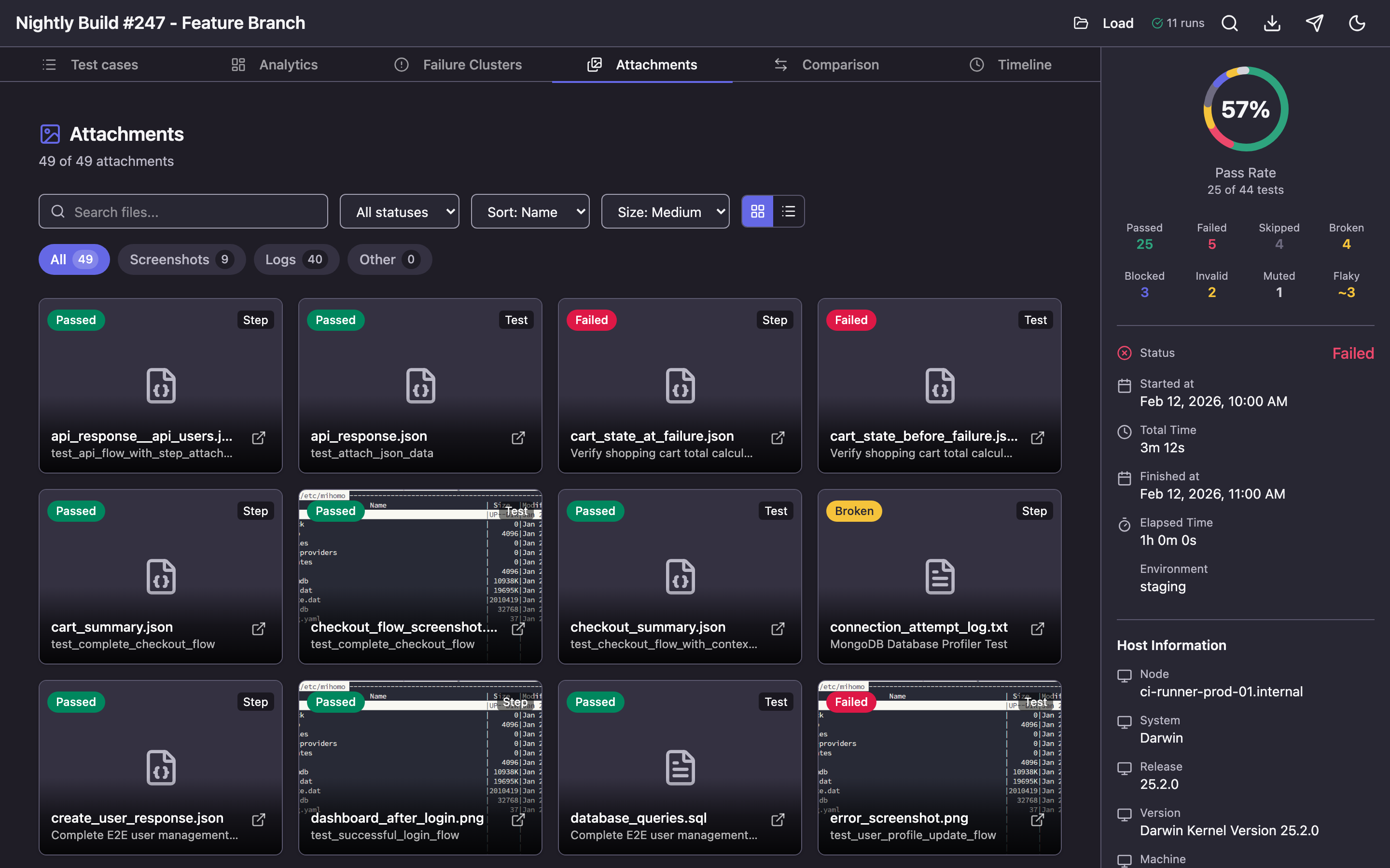 Attachments tab — grid view with attachment previews, category and status filters