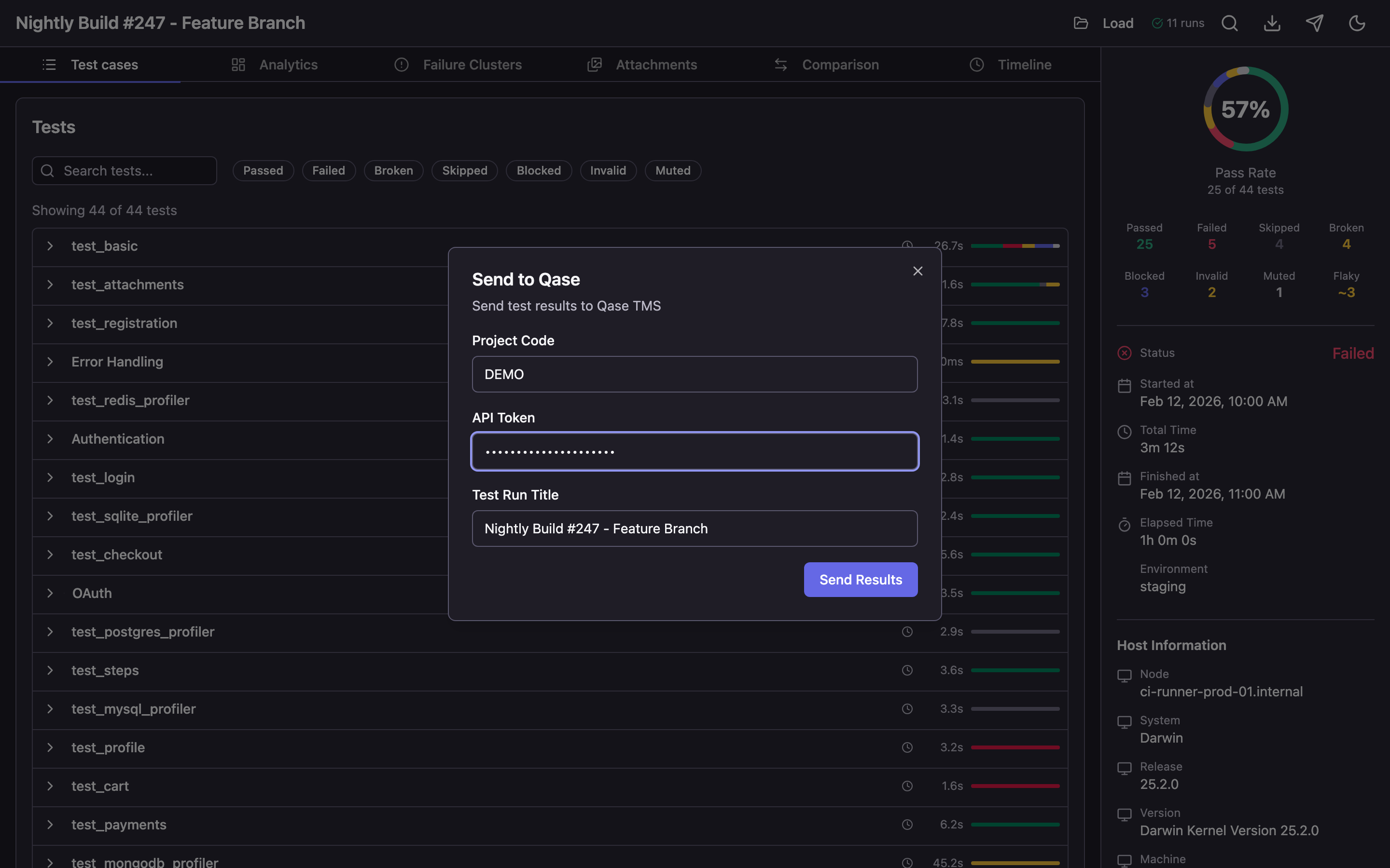 Send to Qase dialog — Project Code, API Token, and Test Run Title fields with Send Results button